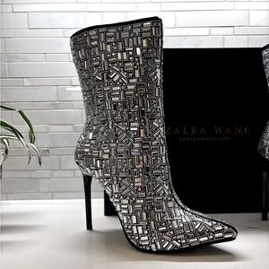 Akira Silver Black Rhinestone Gem High Heel Boot Bootie Size 7.5 Brand New